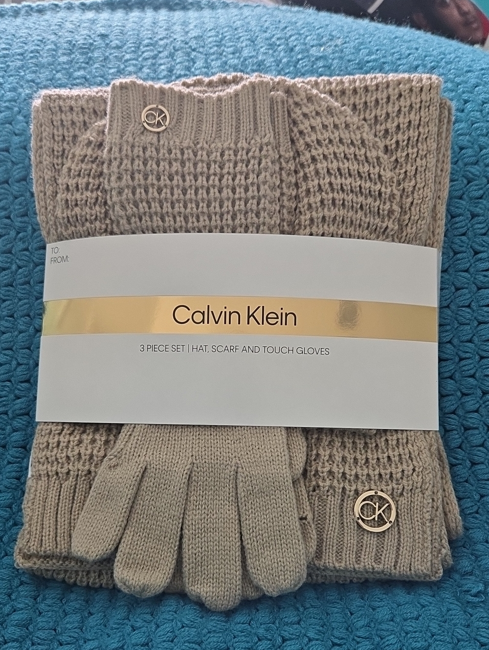 Calvin Klein Taupe Knit Hat, Scarf & Touch Gloves Set